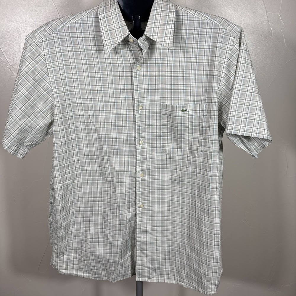 Lacoste shirt men's size 44 Green white short sleeve Plaid button up croc